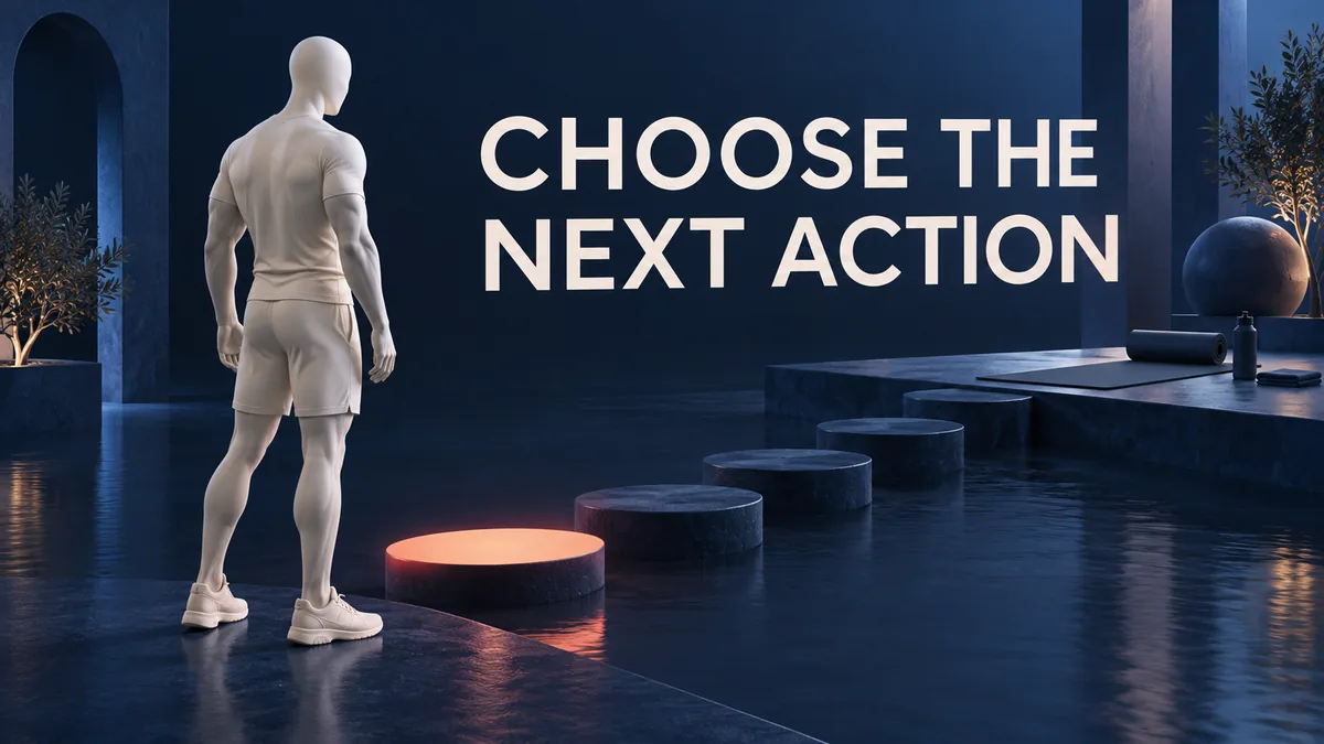 顔のない象牙色の運動者が英語の CHOOSE THE NEXT ACTION の下で珊瑚色に光る一つの足場を見ています。