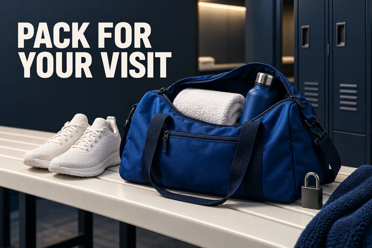 Blaue Sporttasche mit Handtuch, Flasche und Schuhen neben PACK FOR YOUR VISIT