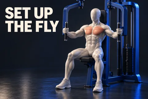 شخصية بلا ملامح على جهاز ضم الصدر مع إبراز عضلات الصدر وعبارة SET UP THE FLY