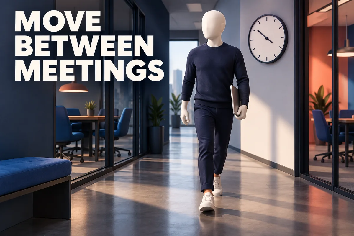 Yüzü olmayan bir kişi MOVE BETWEEN MEETINGS yazısının altında ofis koridorunda yürüyor.
