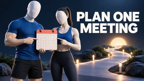 Zwei gesichtslose elfenbeinfarbene Figuren neben Kalender und Weg unter dem englischen Text PLAN ONE MEETING.