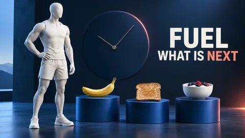 顔のない象牙色の運動者が英語の FUEL WHAT IS NEXT の下でバナナ、トースト、ヨーグルトの横に立っています。