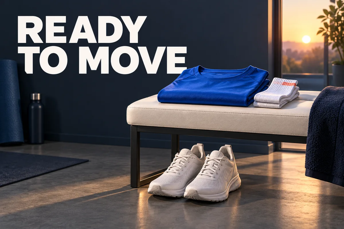 ملابس تمرين زرقاء كوبالت مطوية وأحذية عاجية قرب أرضية خالية مع العبارة الإنجليزية READY TO MOVE.