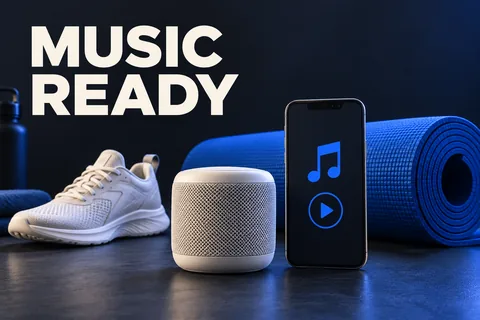 مكبر صوت وهاتف بلون عاجي بجانب بساط أزرق كوبالت مع MUSIC READY.