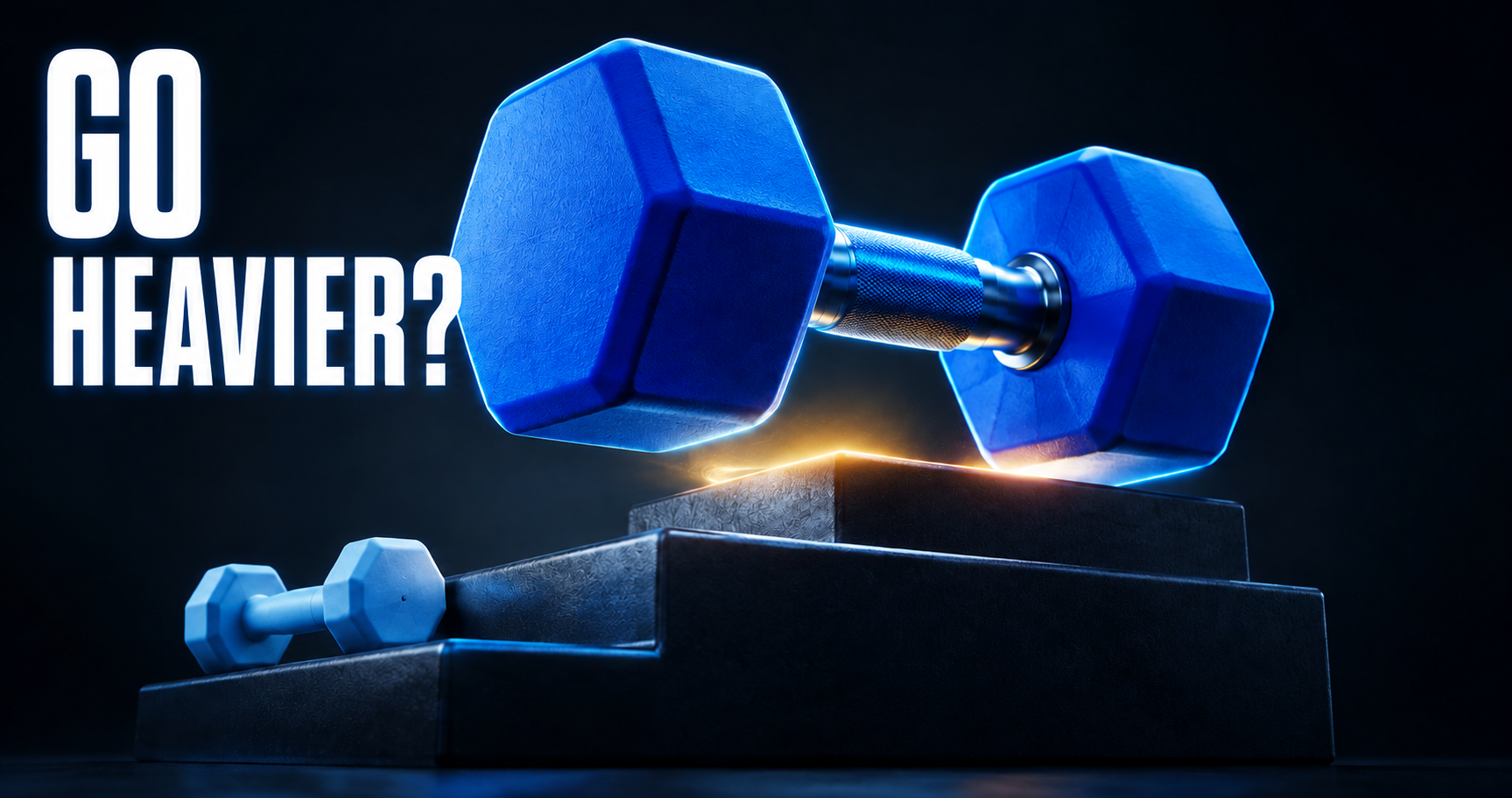 Große blaue Hantel über aufsteigenden Stufen, darunter ein kleineres Gewicht bei blauem und goldenem Licht. Text: "GO HEAVIER?".