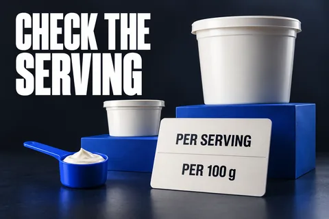 無地の食品容器2個と比較用カード。英語の見出しはCHECK THE SERVING。