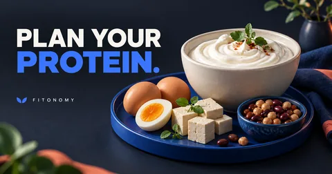Three dimensional yogurt bowl with eggs, tofu and beans on a blue tray under Plan Your Protein