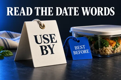 بطاقات عاجية وزرقاء بجوار وعاء طعام تحمل النص READ THE DATE WORDS.