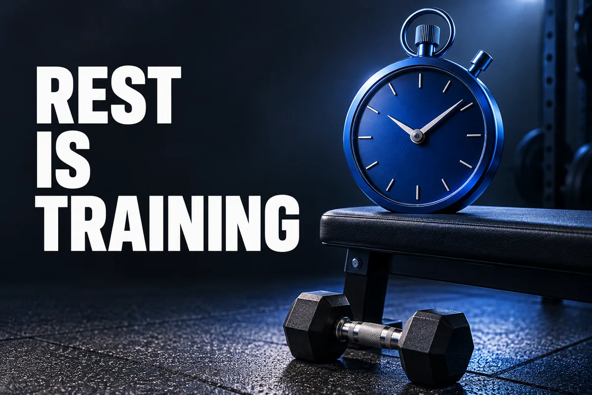 A cobalt 3D stopwatch on a gym bench beside a dumbbell, with REST IS TRAINING