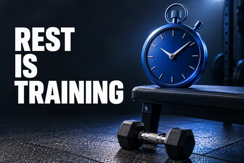 ساعة توقيت ثلاثية الأبعاد بلون أزرق كوبالت على مقعد رياضي بجوار دمبل، مع عبارة REST IS TRAINING