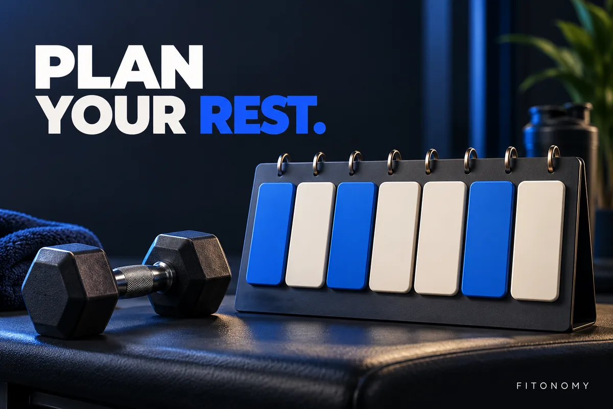 A cobalt and ivory weekly planning board beside a dumbbell, with PLAN YOUR REST.