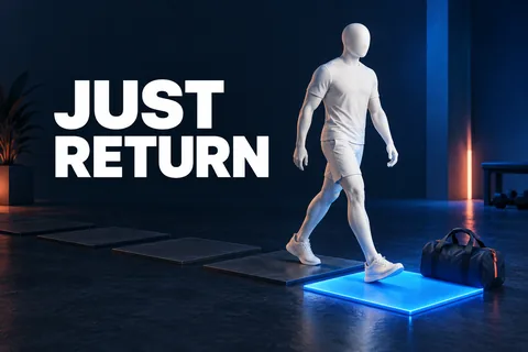 英語の JUST RETURN という文字の横で、顔のないアイボリー色の人物が次の青いトレーニング区画へ進んでいます。