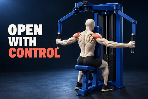 مجسم تشريحي بلا وجه يفتح مقابض الجهاز مع عضلات الكتف الخلفية بلون مرجاني وعبارة OPEN WITH CONTROL.