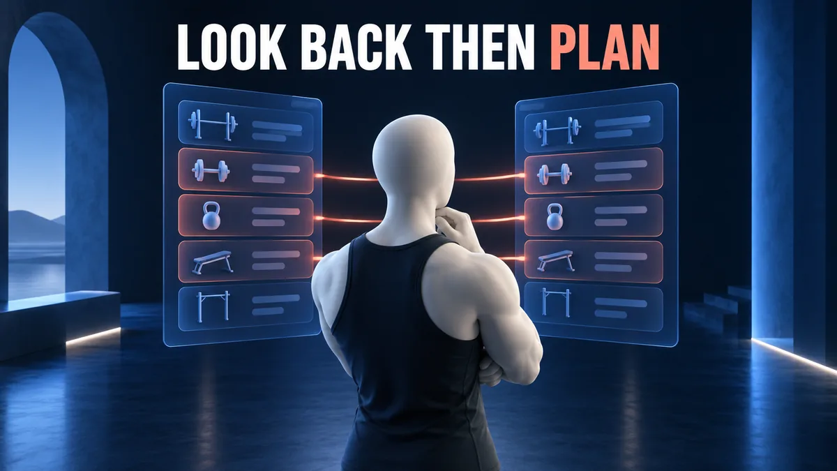顔のない象牙色の運動者が英語の LOOK BACK THEN PLAN の下で二つの青い記録画面を比べています。