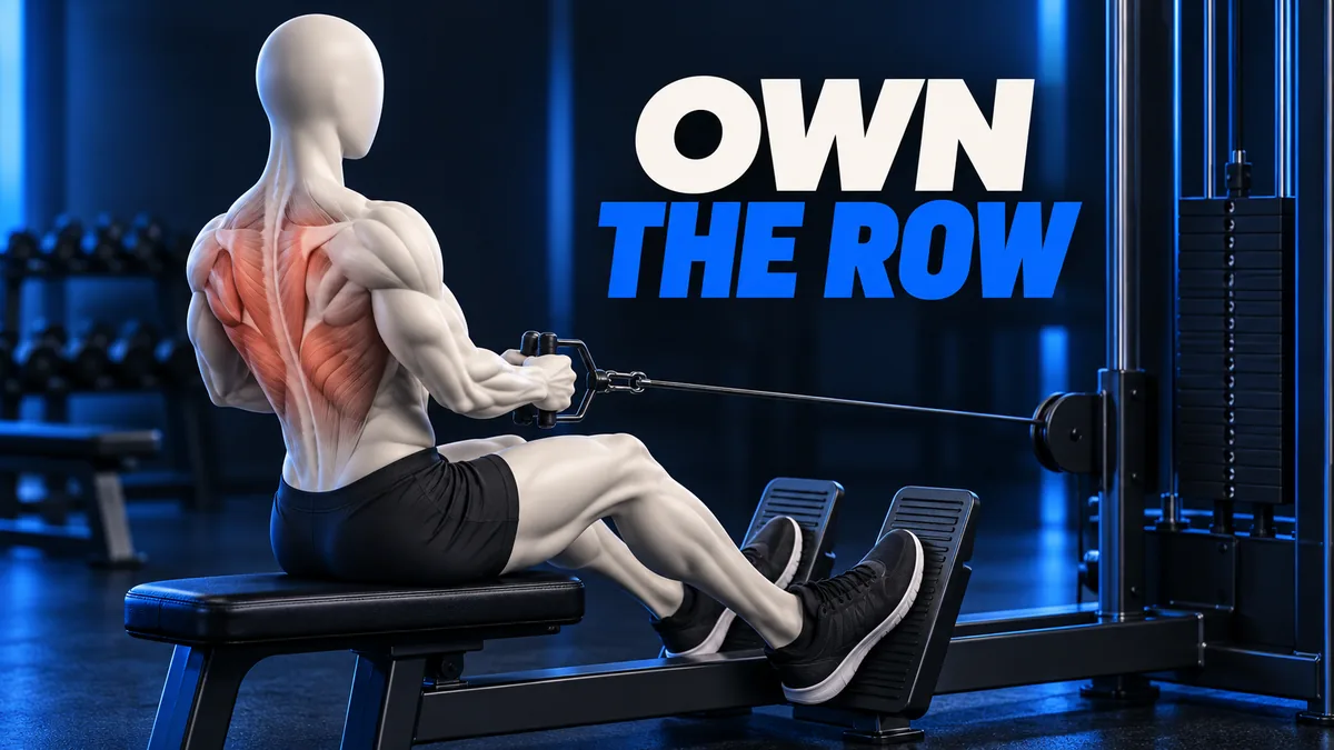 شخص بلا ملامح على جهاز كابل منخفض مع إبراز أعلى الظهر تحت عبارة OWN THE ROW.