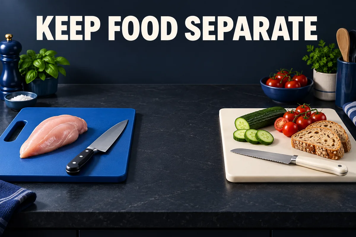Zwei getrennte Bretter für rohes Hähnchen und verzehrfertige Lebensmittel mit KEEP FOOD SEPARATE