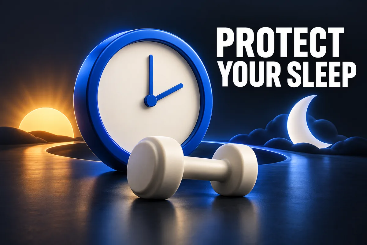 青い時計、太陽、月、ダンベルと、PROTECT YOUR SLEEP の文字。