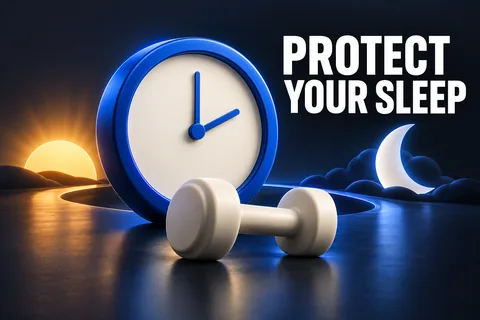 青い時計、太陽、月、ダンベルと、PROTECT YOUR SLEEP の文字。