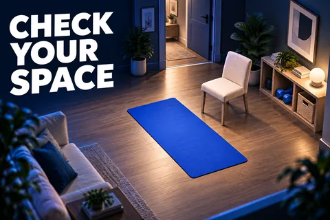 青いマット、安定した椅子、整頓された重りがある3Dの部屋と、CHECK YOUR SPACEの文字。