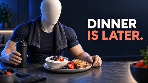 Gesichtslose Person mit glattem Kopf neben Joghurt, Obst und Toast nach dem Training. DINNER IS LATER.