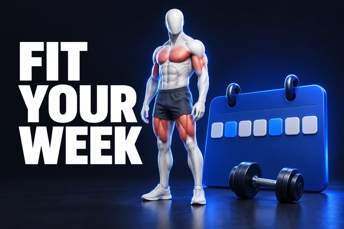 青いカレンダーとダンベルの横に立つ顔のない3D解剖モデルと、FIT YOUR WEEKの文字。