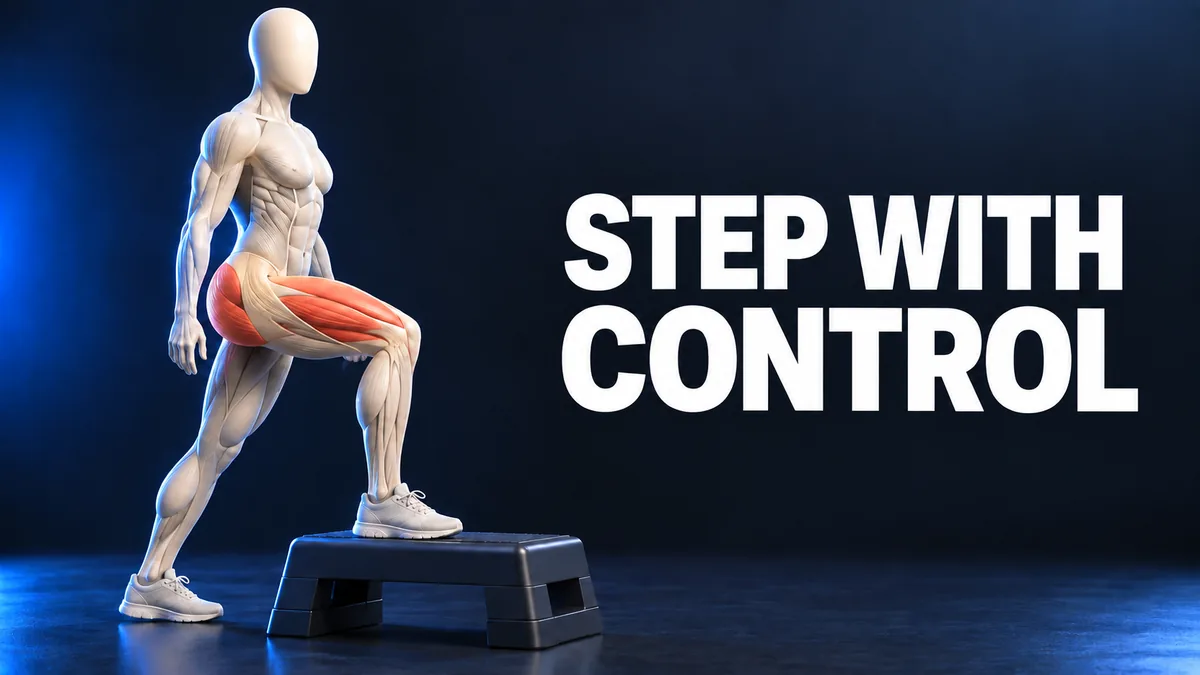 شخصية تشريحية بلا ملامح تصعد درجة منخفضة مع إبراز عضلات الساق والكلمات الإنجليزية STEP WITH CONTROL.