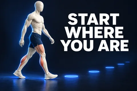 شخصية تشريحية بلا وجه تمشي قرب علامات زرقاء مع عبارة START WHERE YOU ARE.