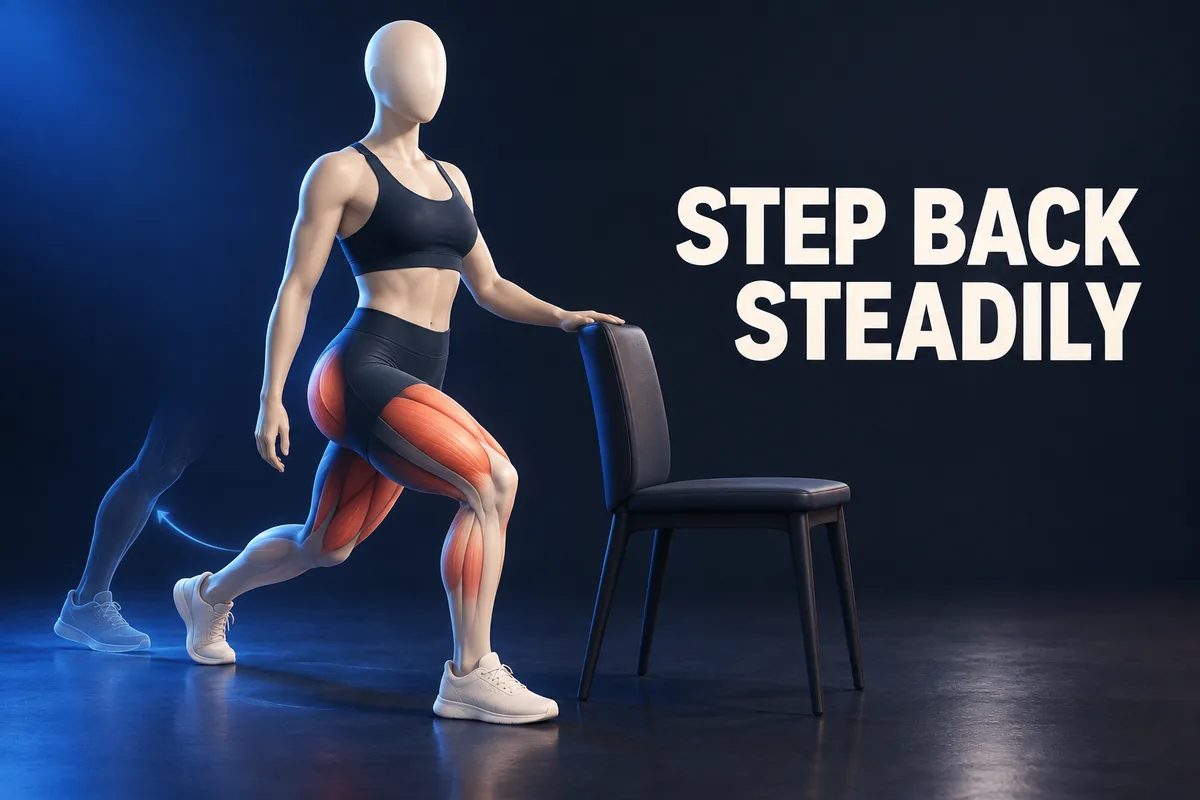 Eine gesichtslose Figur hält einen Stuhl und tritt neben den Worten STEP BACK STEADILY zurück.