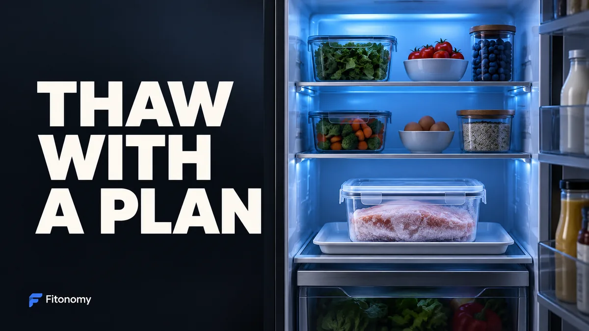 A sealed frozen food container on a tray inside a refrigerator with the words THAW WITH A PLAN.