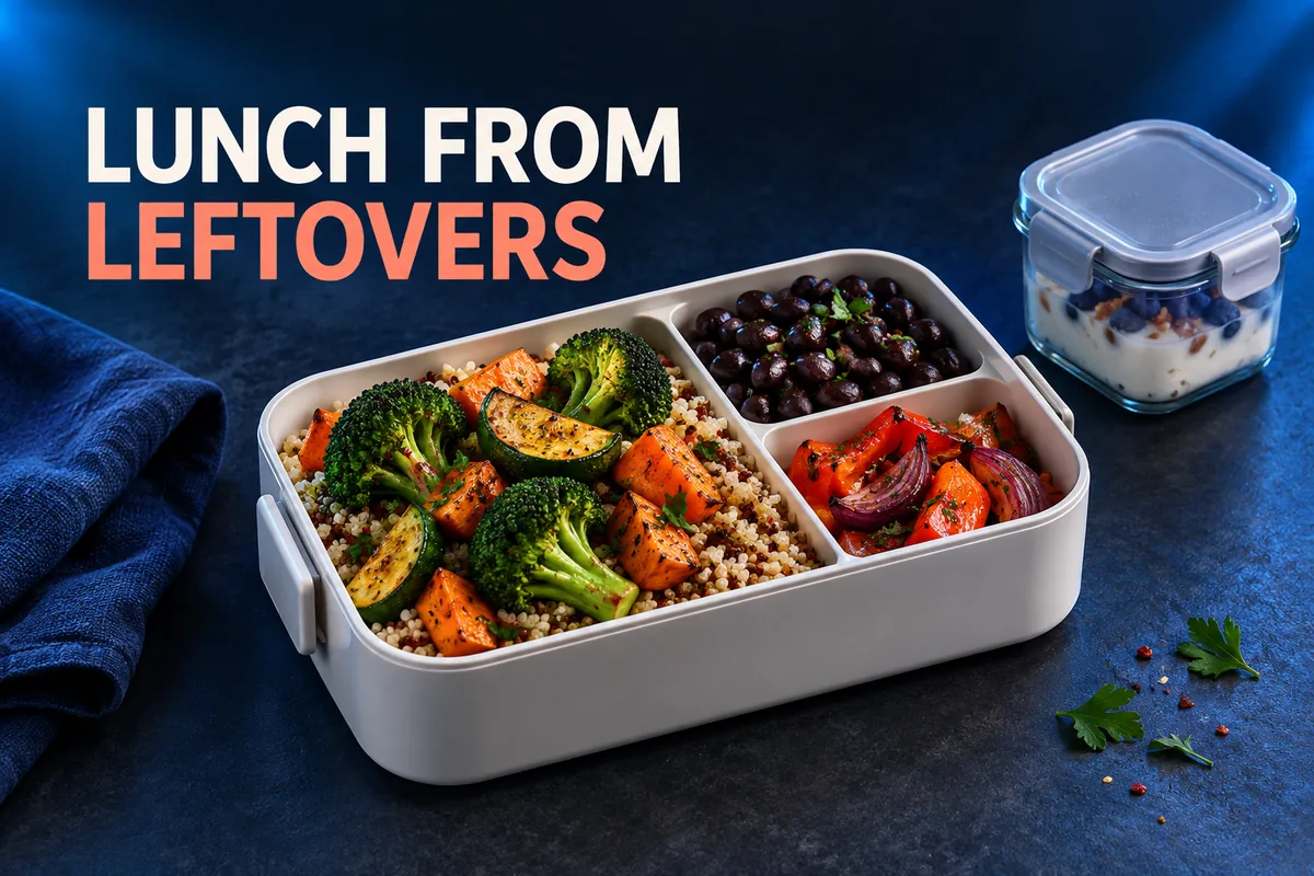 Contenitore avorio con cereali cotti, fagioli e verdure. LUNCH FROM LEFTOVERS.