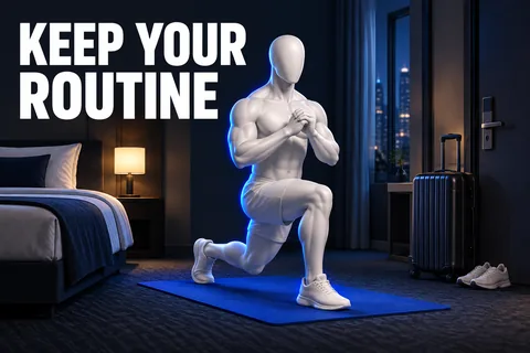 顔のない象牙色の三次元人物がホテルの部屋でスーツケースの横にて丁寧なランジを行い、KEEP YOUR ROUTINE の文字がある画像。