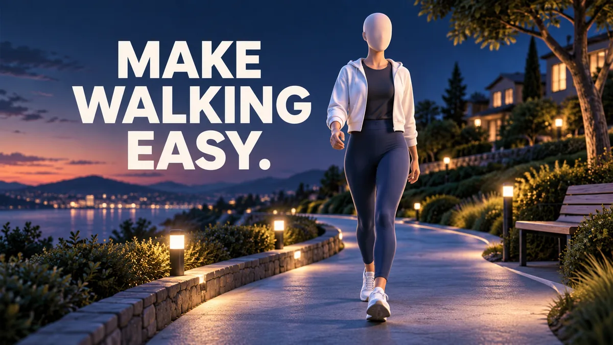 شخص بلا ملامح يمشي على مسار مضاء مساء بجانب العبارة الإنجليزية MAKE WALKING EASY.