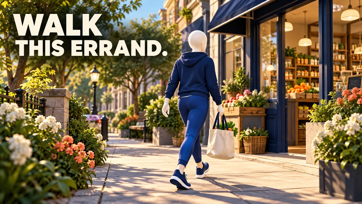 A faceless person walks toward a shop with a small tote beside the words WALK THIS ERRAND.
