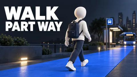 شخصية بلا ملامح تمشي نحو محطة حافلات بعيدة على مسار أزرق كوبالت مع عبارة WALK PART WAY.