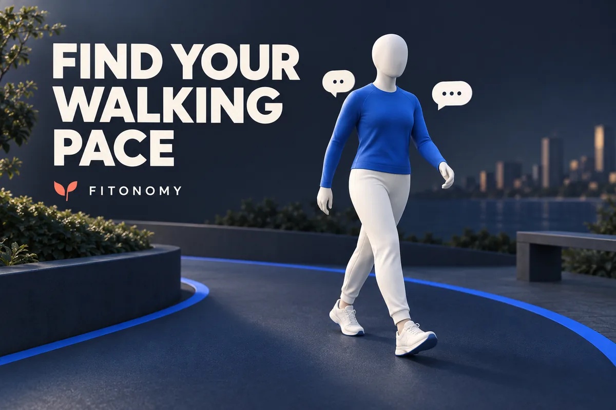 شخصية بلا ملامح تمشي مع رموز للكلام وعبارة FIND YOUR WALKING PACE.