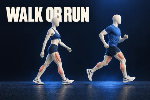 Two faceless anatomical figures walking and running on a flat path with the English words WALK OR RUN