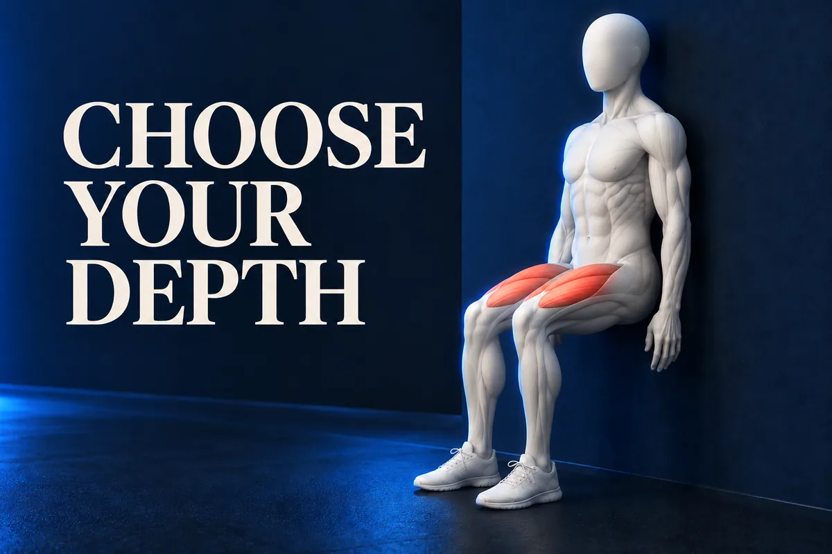 Faceless ivory figure in a shallow wall sit with thigh muscles highlighted and CHOOSE YOUR DEPTH.