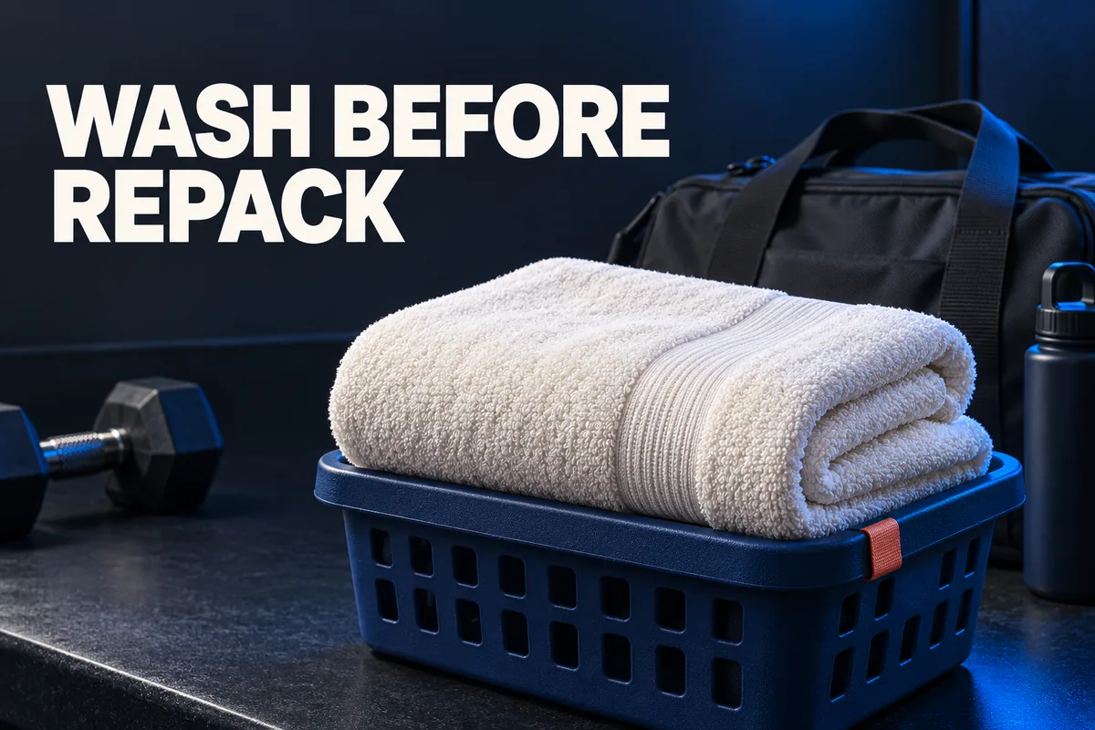 Elfenbeinfarbenes Handtuch auf einem blauen Wäschekorb neben einer dunklen Sporttasche mit WASH BEFORE REPACK.