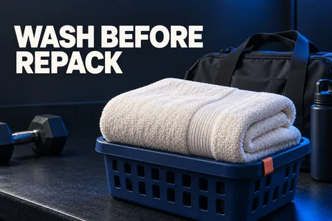 منشفة عاجية فوق سلة زرقاء قرب حقيبة داكنة مع عبارة WASH BEFORE REPACK.