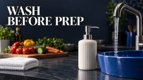 مضخة صابون وحوض نظيف بتصميم ثلاثي الأبعاد بجانب منشفة مطوية، مع عبارة WASH BEFORE PREP.