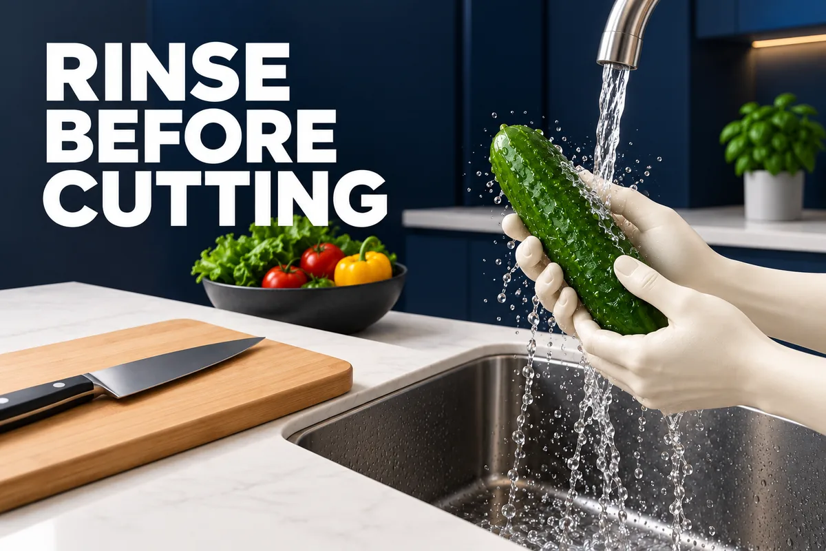Ivory hands rinse a whole cucumber over a navy sink beside a clean board. RINSE BEFORE CUTTING.