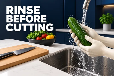 يدان بلون العاج تشطفان خيارة كاملة فوق حوض كحلي بجانب لوح نظيف. RINSE BEFORE CUTTING.