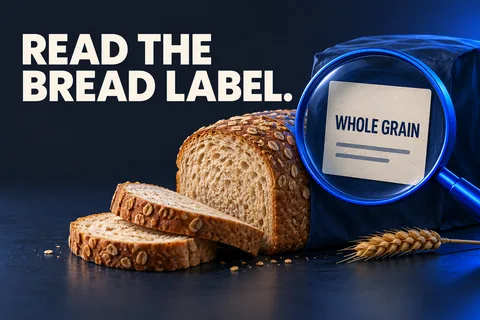 Dreidimensionales Brot und eine vergrößerte Zutatenkarte mit dem Text READ THE BREAD LABEL.