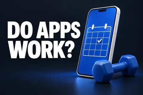 هاتف تصوري ثلاثي الأبعاد يعرض تقويما وعلامة تحقق قرب دمبل أزرق مع النص الإنجليزي DO APPS WORK?