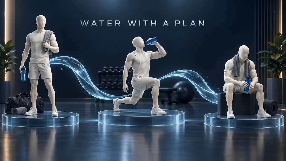 顔のない象牙色の三人が英語の WATER WITH A PLAN の横で水分補給の段階を示しています。