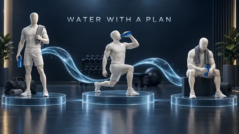 顔のない象牙色の三人が英語の WATER WITH A PLAN の横で水分補給の段階を示しています。