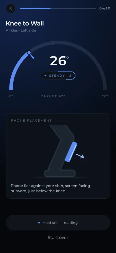 The goniometer screen mid-measurement, reading the angle from the phone's motion sensors.