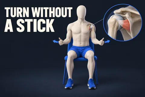 Figura marfim sem rosto sentada, cotovelos perto do corpo e antebraços para fora, detalhe do ombro e TURN WITHOUT A STICK.