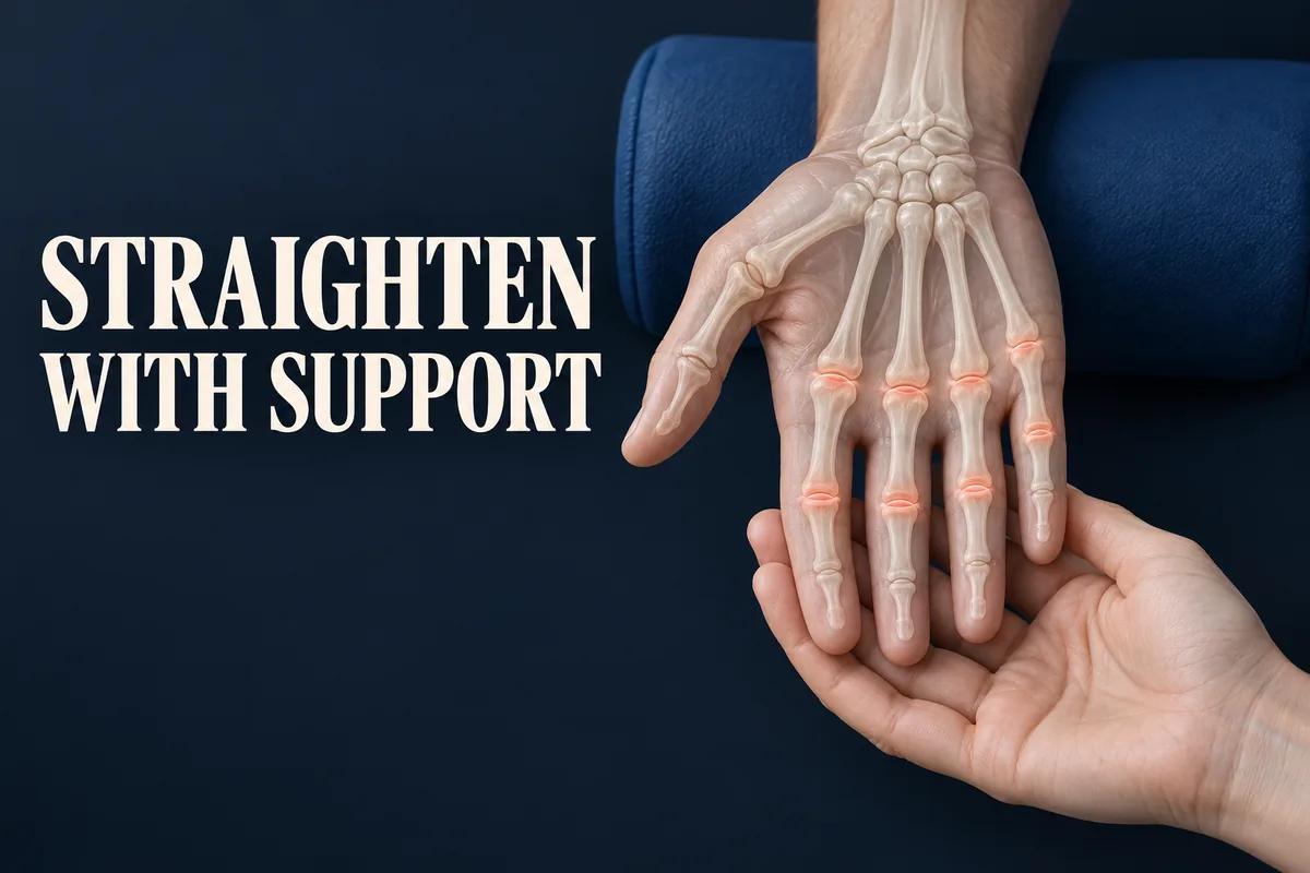 곧게 정렬된 해부학적 손가락을 부드럽게 받치는 손과 STRAIGHTEN WITH SUPPORT 문구