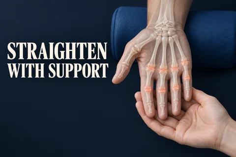Dita anatomiche sostenute delicatamente in posizione diritta accanto a STRAIGHTEN WITH SUPPORT